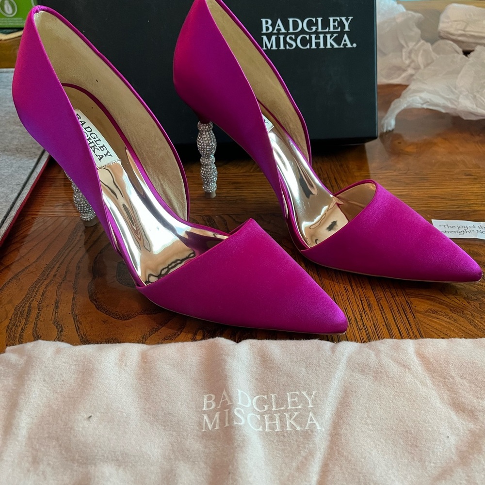 Badgley Mischka Emily Magenta Satin and Crystal Embellished Pointed Toe Pumps